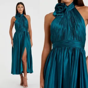 Mac Duggal NEW Teal Pleated Charmeuse High‎ Neck Sleeveless Midi Dress - Size 6