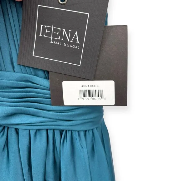 Mac Duggal NEW Teal Pleated Charmeuse High‎ Neck Sleeveless Midi Dress - Size 6
