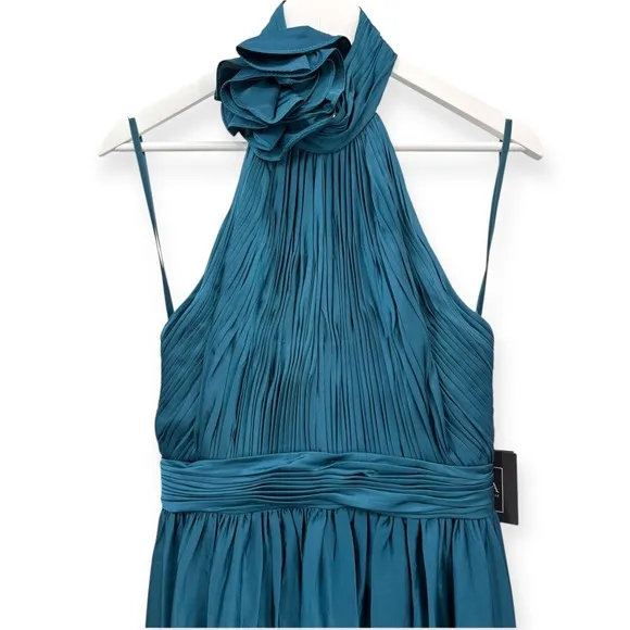 Mac Duggal NEW Teal Pleated Charmeuse High‎ Neck Sleeveless Midi Dress - Size 6