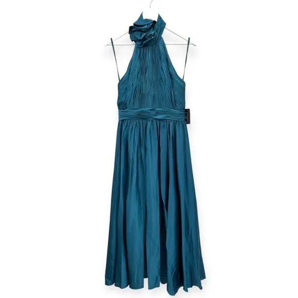 Mac Duggal NEW Teal Pleated Charmeuse High‎ Neck Sleeveless Midi Dress - Size 6