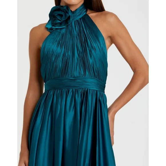 Mac Duggal NEW Teal Pleated Charmeuse High‎ Neck Sleeveless Midi Dress - Size 6
