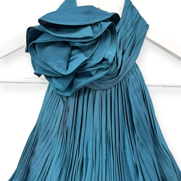 Mac Duggal NEW Teal Pleated Charmeuse High‎ Neck Sleeveless Midi Dress - Size 6