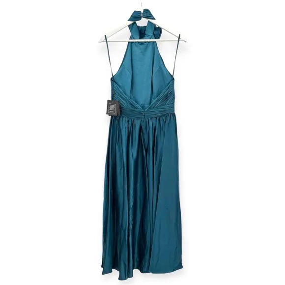 Mac Duggal NEW Teal Pleated Charmeuse High‎ Neck Sleeveless Midi Dress - Size 6