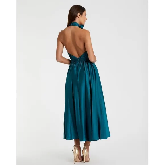 Mac Duggal NEW Teal Pleated Charmeuse High‎ Neck Sleeveless Midi Dress - Size 6