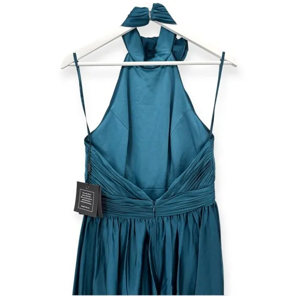 Mac Duggal NEW Teal Pleated Charmeuse High‎ Neck Sleeveless Midi Dress - Size 6