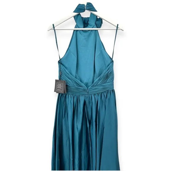 Mac Duggal NEW Teal Pleated Charmeuse High‎ Neck Sleeveless Midi Dress - Size 6