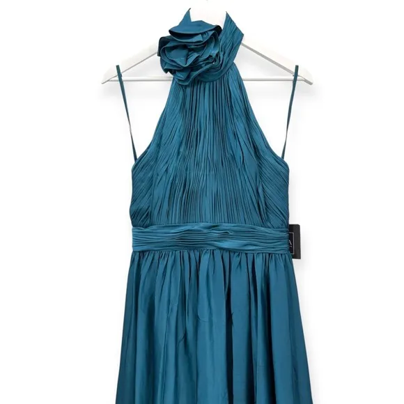 Mac Duggal NEW Teal Pleated Charmeuse High‎ Neck Sleeveless Midi Dress - Size 6