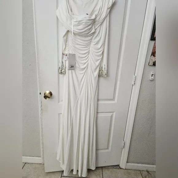 Mac Duggal Off the shoulder jersey gown with jewel-accented cuffs White  10 NWT