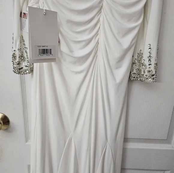 Mac Duggal Off the shoulder jersey gown with jewel-accented cuffs White  10 NWT