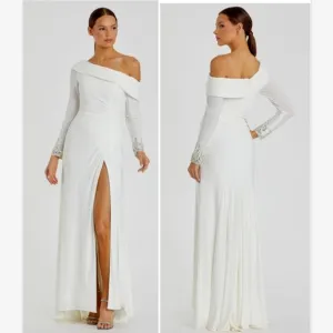 Mac Duggal Off the shoulder jersey gown with jewel-accented cuffs White  10 NWT