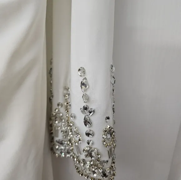 Mac Duggal Off the shoulder jersey gown with jewel-accented cuffs White  10 NWT