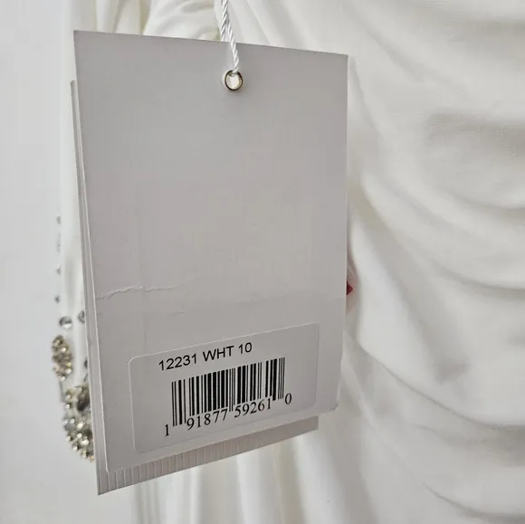 Mac Duggal Off the shoulder jersey gown with jewel-accented cuffs White  10 NWT