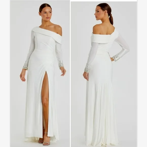 Mac Duggal Off the shoulder jersey gown with jewel-accented cuffs White  10 NWT
