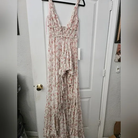 Mac Duggal pink  Floral Print Sleeveless Ruffled High-Low Gown 50659 SZ 2 NWT