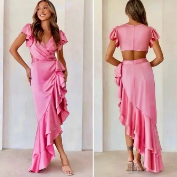 Mac Duggal Pink Ruffle Asymmetrical Hem Special Occasion Cutout Dress Size 4 New