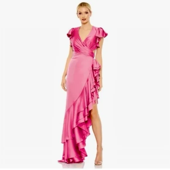 Mac Duggal Pink Ruffle Asymmetrical Hem Special Occasion Cutout Dress Size 4 New