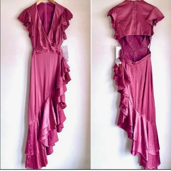 Mac Duggal Pink Ruffle Asymmetrical Hem Special Occasion Cutout Dress Size 4 New