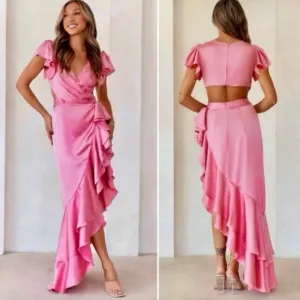Mac Duggal Pink Ruffle Asymmetrical Hem Special Occasion Cutout Dress Size 4 New