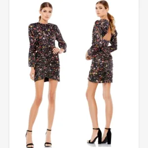 Mac Duggal Ruched Floral High Neck Long Sleeve Open Back Mini | Sample | Sz. XS
