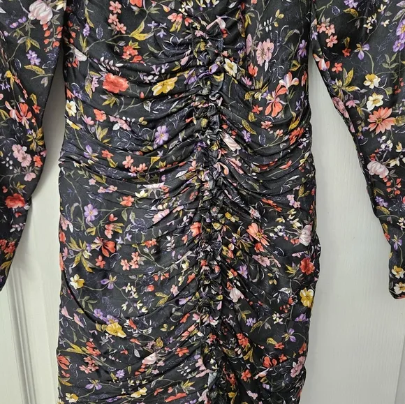 Mac Duggal Ruched Floral High Neck Long Sleeve Open Back Mini | Sample | Sz. XS