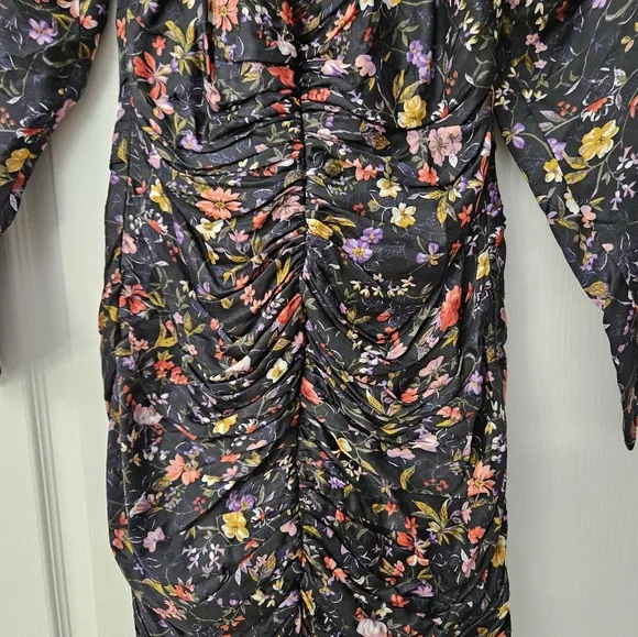Mac Duggal Ruched Floral High Neck Long Sleeve Open Back Mini | Sample | Sz. XS