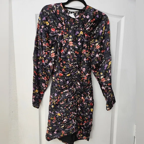 Mac Duggal Ruched Floral High Neck Long Sleeve Open Back Mini | Sample | Sz. XS