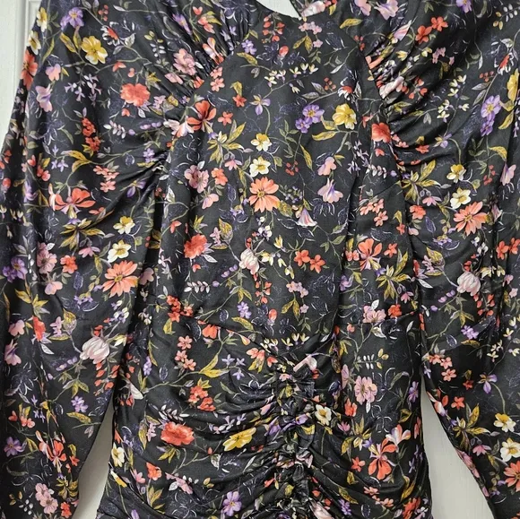 Mac Duggal Ruched Floral High Neck Long Sleeve Open Back Mini | Sample | Sz. XS