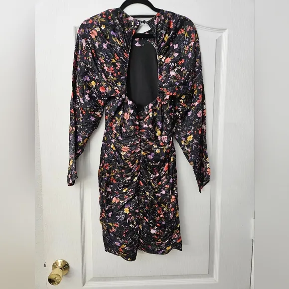 Mac Duggal Ruched Floral High Neck Long Sleeve Open Back Mini | Sample | Sz. XS