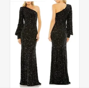 Mac Duggal Sequin Asymmetrical One Long Bishop Sleeve Sheath Gown 26717 SZ 0 NWT