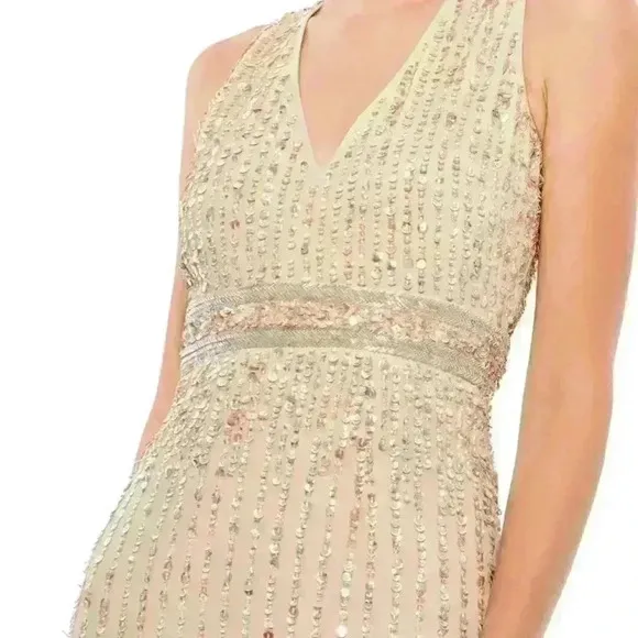 Mac Duggal Sequined Sleeveless V Neck MIDI Sheath Dress NWT Style 93606