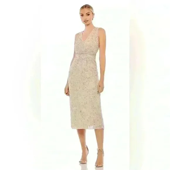 Mac Duggal Sequined Sleeveless V Neck MIDI Sheath Dress NWT Style 93606