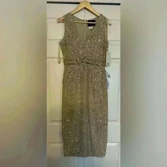 Mac Duggal Sequined Sleeveless V Neck MIDI Sheath Dress NWT Style 93606