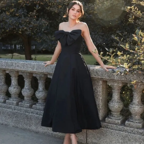 Mac Duggal Strapless A-Line Tea Length Statement Bow Dress sz 6 NWT
