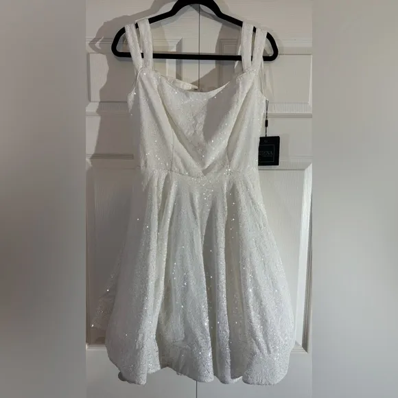 Mac Duggal White Sequin Fit and Flare Mini Dress Style #49484
