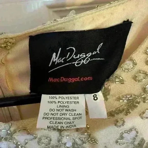 MAC DUGGAL Women's beaded Tea Length Dress w/ Sheer Sleeves Size 8 NWOT