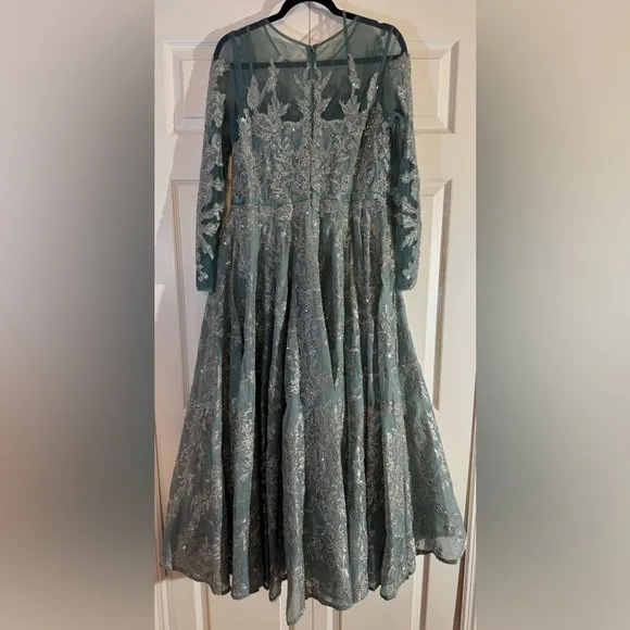 Mac Duggal Women's Embellished Bow Belt Illusion Long Sleeve A Line Dress 20337