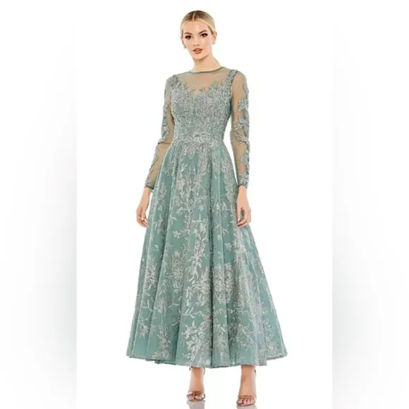 Mac Duggal Women's Embellished Bow Belt Illusion Long Sleeve A Line Dress 20337