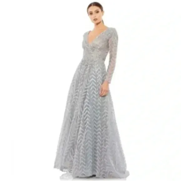 Mac Duggal Women's Embellished Illusion Long Sleeve Wrap Over A Line NWT