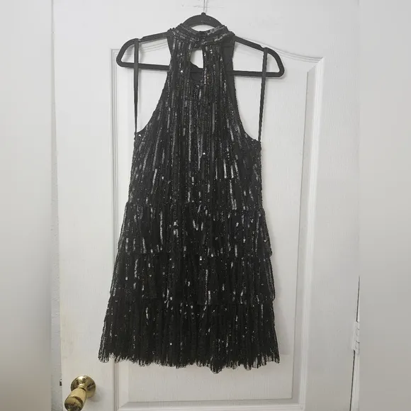 Mac Duggal Women's High Neck A-Line Ruffle Sequin Mini Dress SZ 12 NEW