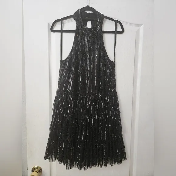 Mac Duggal Women's High Neck A-Line Ruffle Sequin Mini Dress SZ 12 NEW