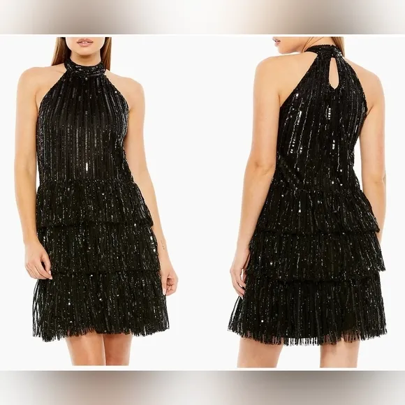 Mac Duggal Women's High Neck A-Line Ruffle Sequin Mini Dress SZ 12 NEW