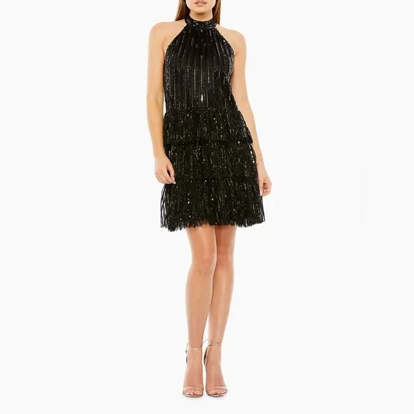Mac Duggal Women's High Neck A-Line Ruffle Sequin Mini Dress SZ 12 NEW