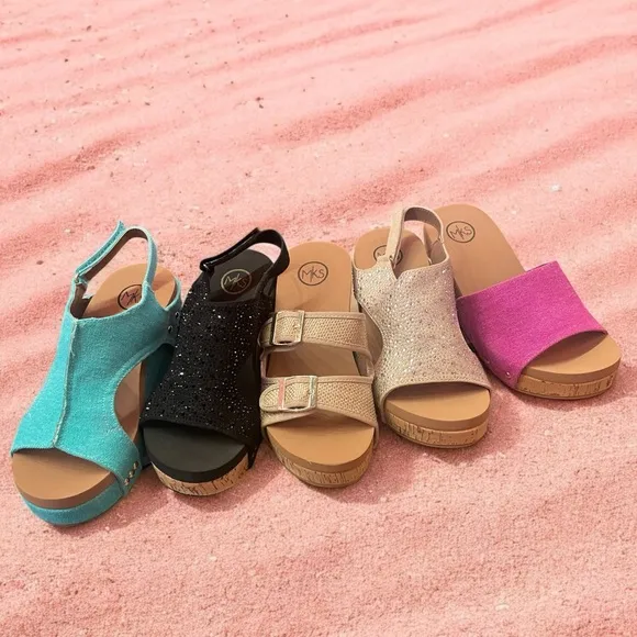 Made In Colombia Barbara Black Rhinestone Embellished Cork Sandal Wedges
