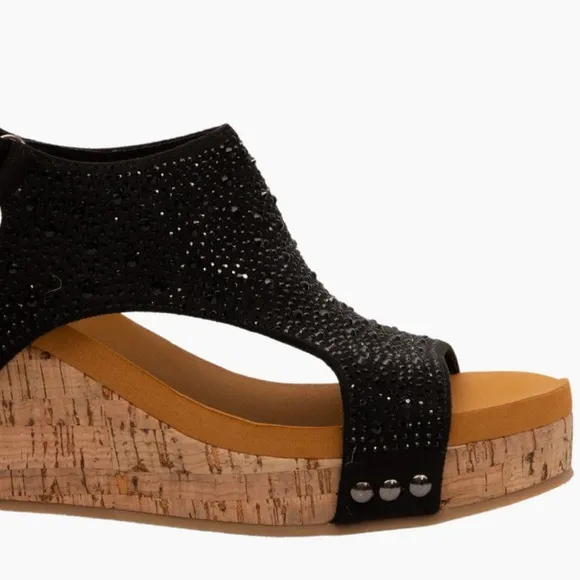 Made In Colombia Barbara Black Rhinestone Embellished Cork Sandal Wedges