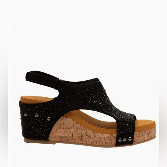 Made In Colombia Barbara Black Rhinestone Embellished Cork Sandal Wedges