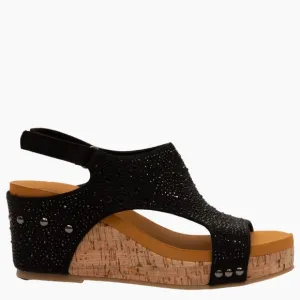 Made In Colombia Barbara Black Rhinestone Embellished Cork Wedge Sandals