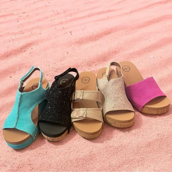Made In Colombia Barbara Taupe Crystal Rhinestone Embellished Cork Wedge Sandals