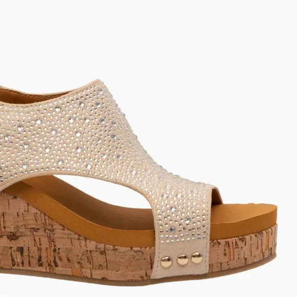 Made In Colombia Barbara Taupe Crystal Rhinestone Embellished Cork Wedge Sandals