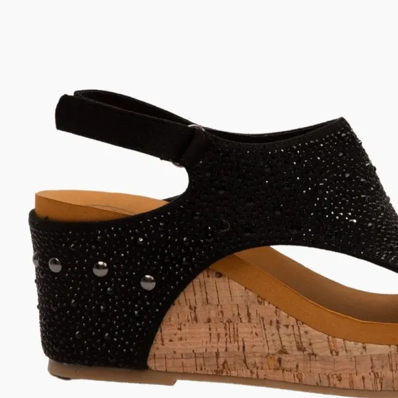 Made In Colombia Barbara Taupe Crystal Rhinestone Embellished Cork Wedge Sandals