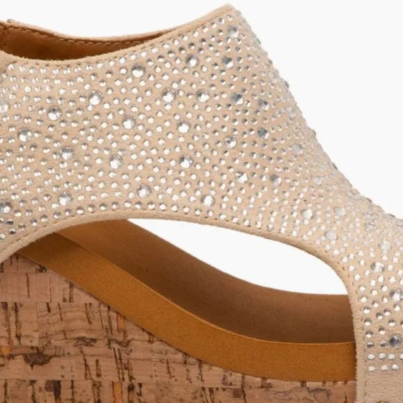 Made In Colombia Barbara Taupe Crystal Rhinestone Embellished Cork Wedge Sandals